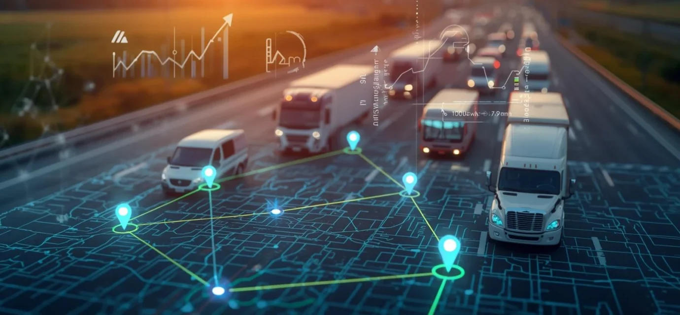 Trucks on a highway with digital overlays of a map, location pins, and data charts representing logistics technology
