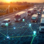 Trucks on a highway with digital overlays of a map, location pins, and data charts representing logistics technology