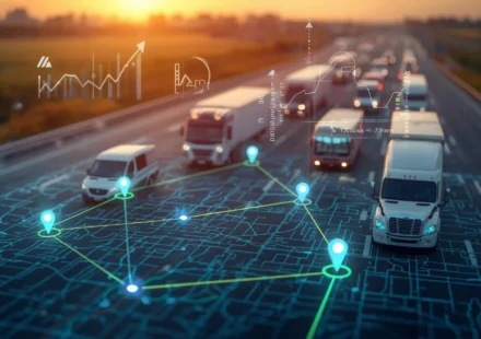 Trucks on a highway with digital overlays of a map, location pins, and data charts representing logistics technology