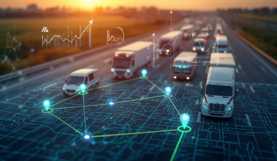Trucks on a highway with digital overlays of a map, location pins, and data charts representing logistics technology